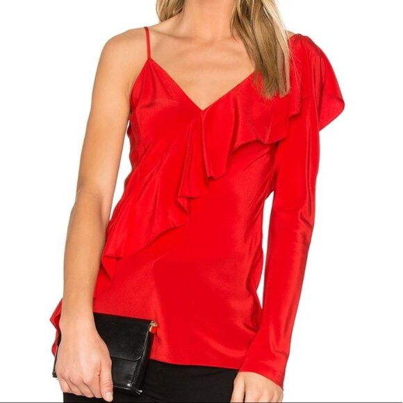 DIANE VON FURSTENBERG One Sleeve Red Blouse 100% Silk Size 0 - Picture 2 of 9